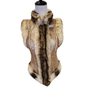 Live a Little Leather Vest Small Faux Fur Trim Boho Y2K Open Front Brown